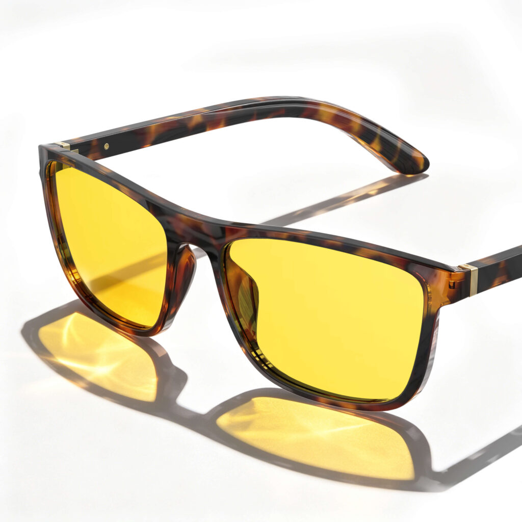 Gloojo Daytime Focus Glasses featuring yellow lenses and a classic tortoise shell square frame
