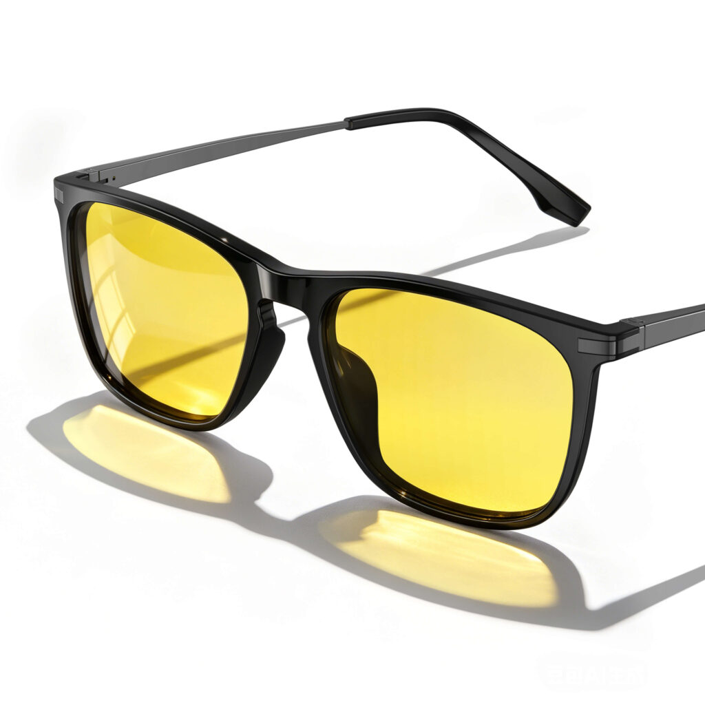 Gloojo Daytime Focus Glasses featuring yellow tinted lenses and a classic thin-profile square black frame