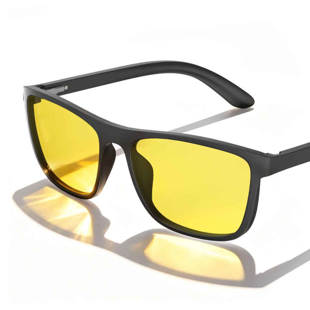 Gloojo Daytime Focus Glasses with yellow tinted lenses and a matte black square frame
