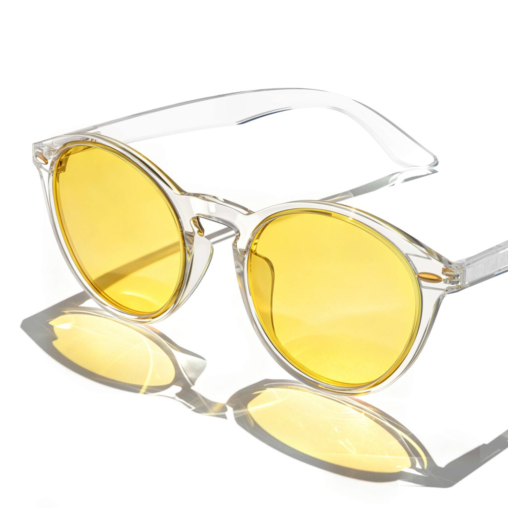 Gloojo Daytime Focus Glasses with yellow tinted lenses and a round crystal transparent frame