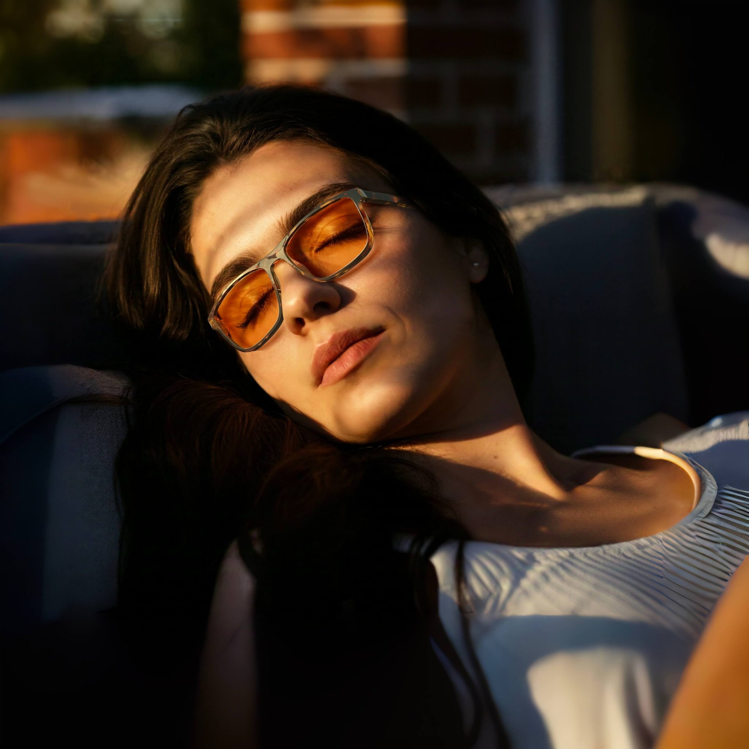 a woman is sleeping outside with night ease wayfarer sleep glasses with tortoiseshell frame