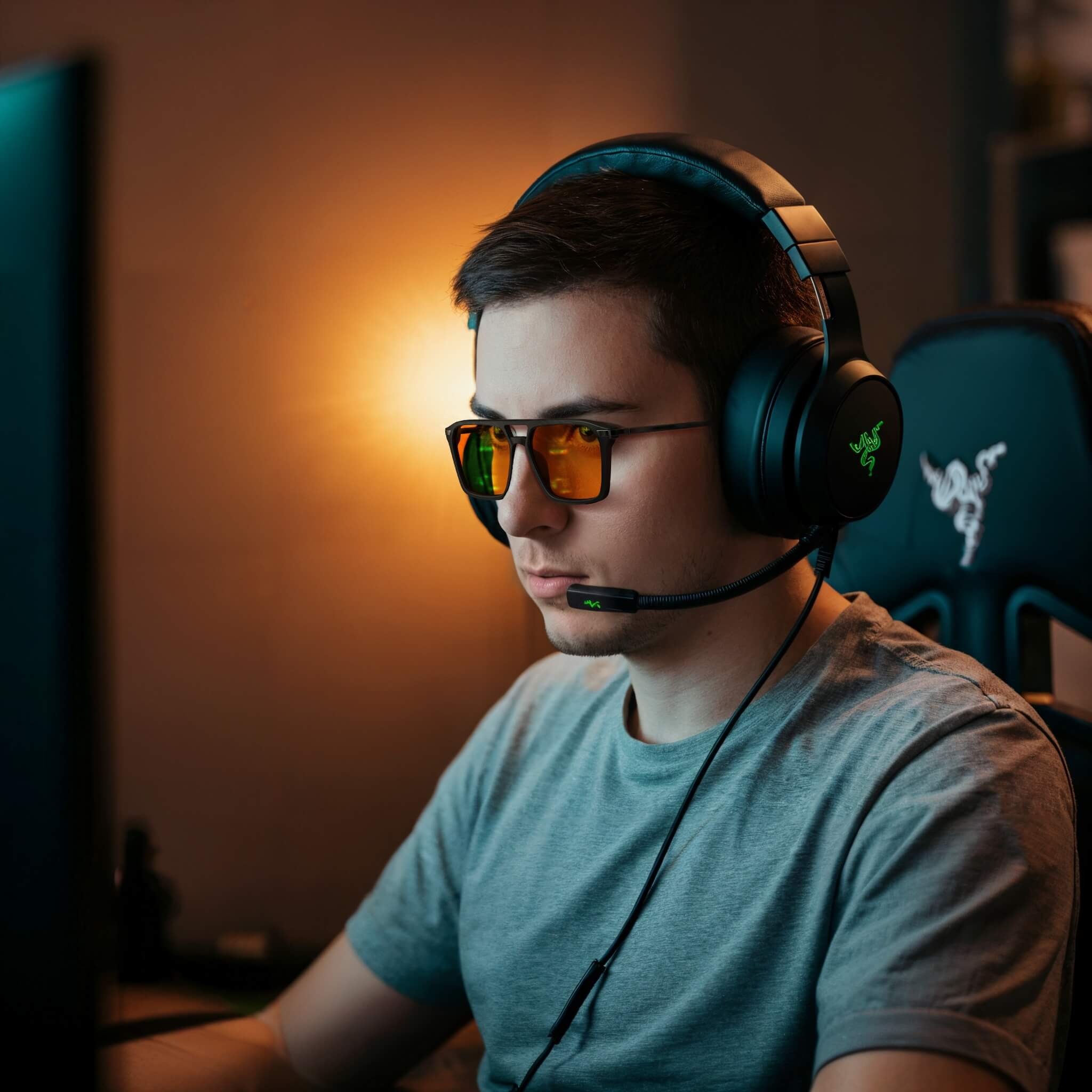 a gamer is playing games and doing a live with wearing night ease square aviator sleep glasses with black frame