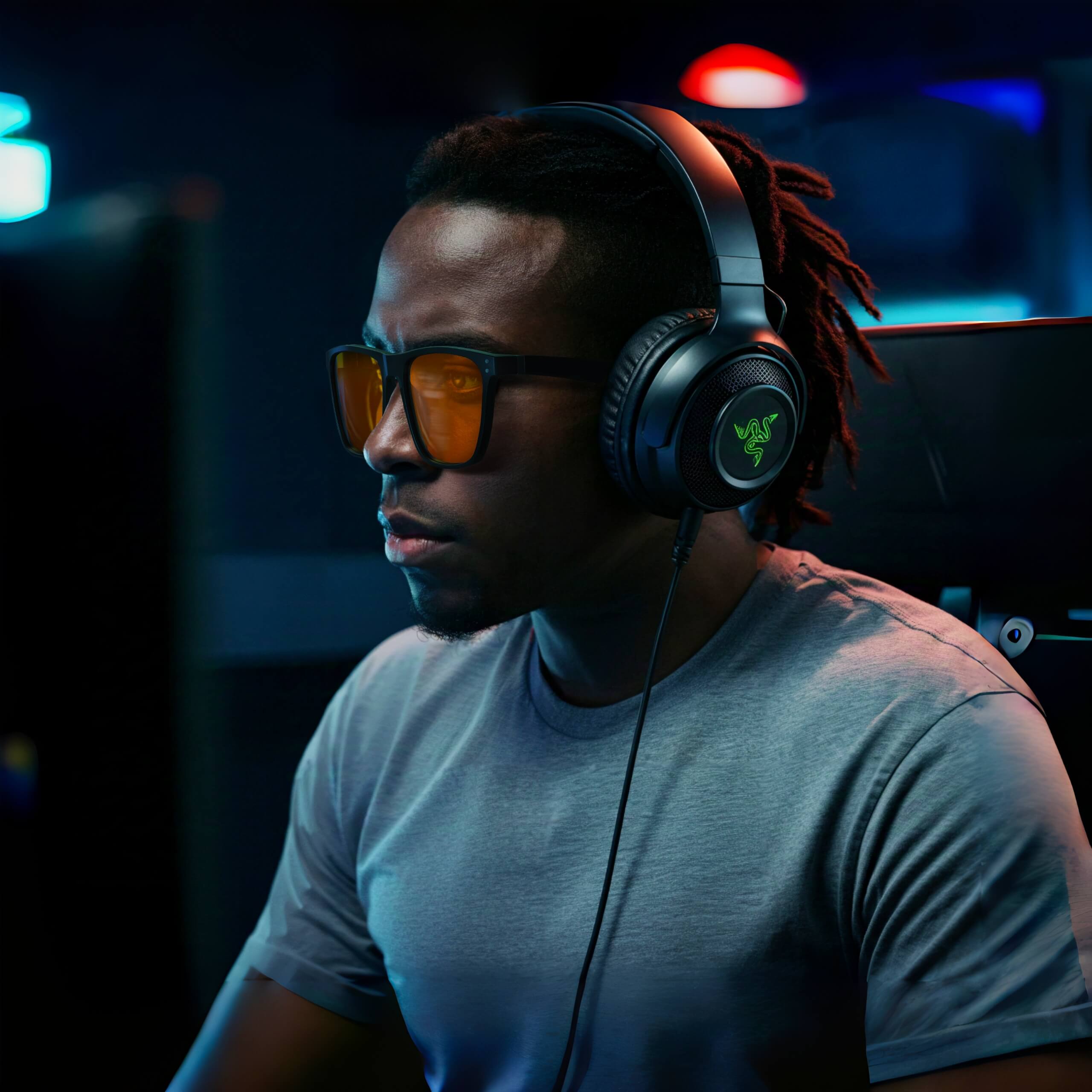 a black man is playing games with wearing a pair of orange glasses which is called night ease square sleep glasses with black frame