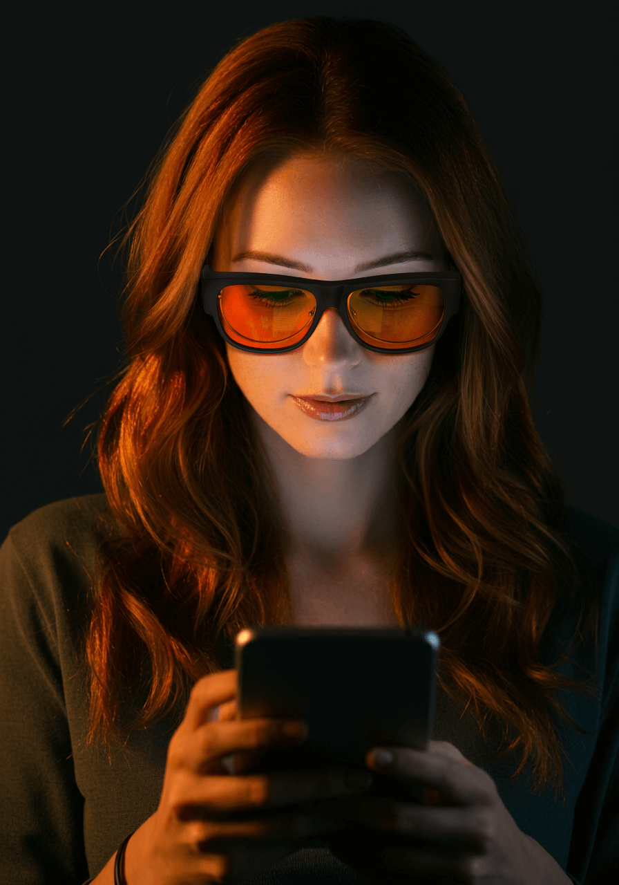 a girl is wearing night ease square fitover sleep glasses with black frame on her rx glasses to blocking artificial light during digital time