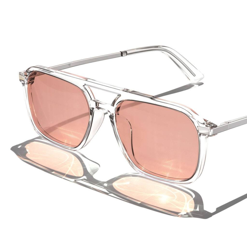Gloojo Rose Relief Migraine Glasses featuring rose-tinted lenses and a modern square crystal transparent frame
