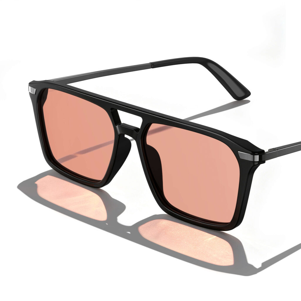Gloojo Rose Relief Migraine Glasses with rose tinted lenses and a bold double-bridge aviator-style black frame