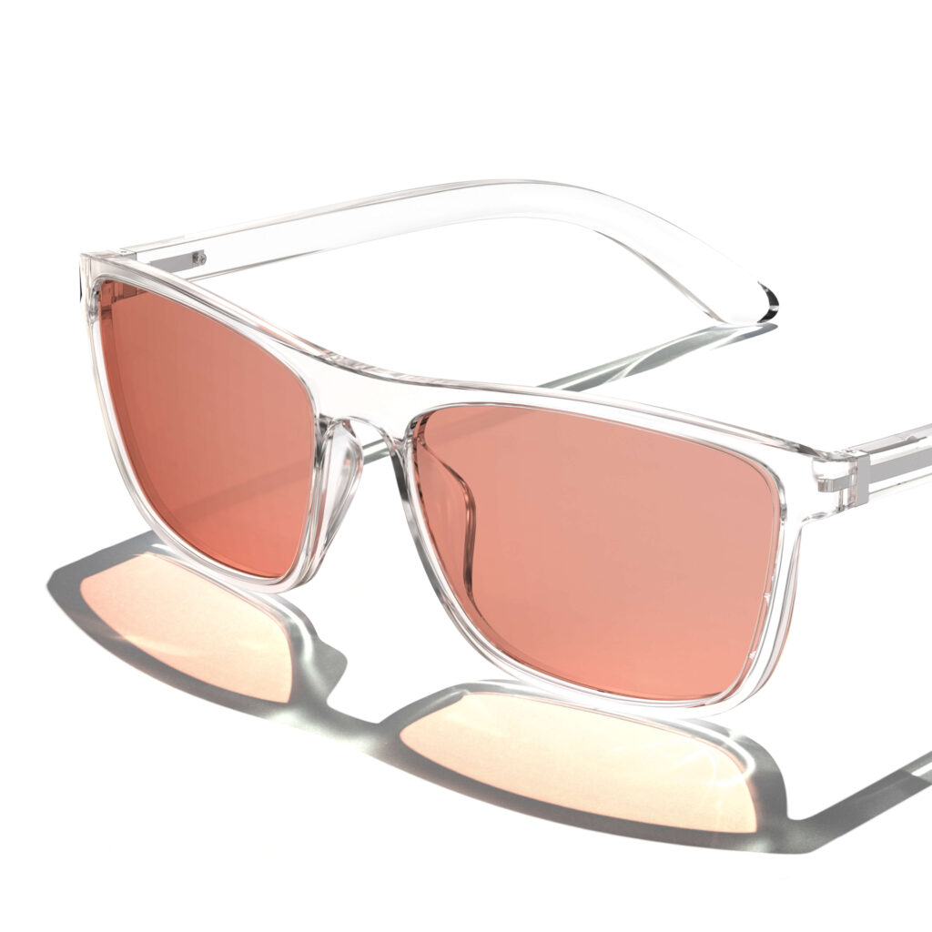 Gloojo Rose Relief Migraine Glasses with rose tinted lenses and a modern crystal transparent square frame