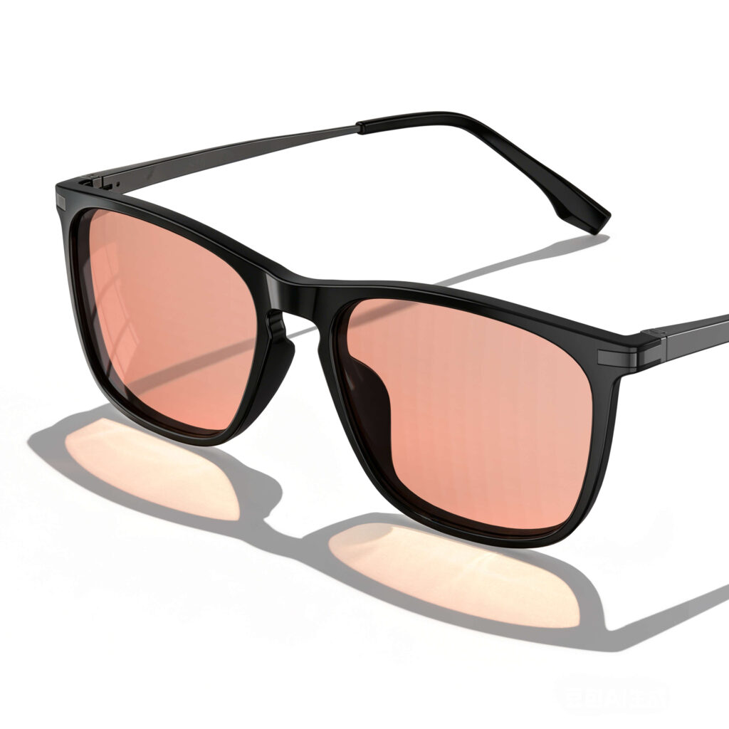 Gloojo Rose Relief Migraine Glasses with rose tinted lenses and a professional square black frame