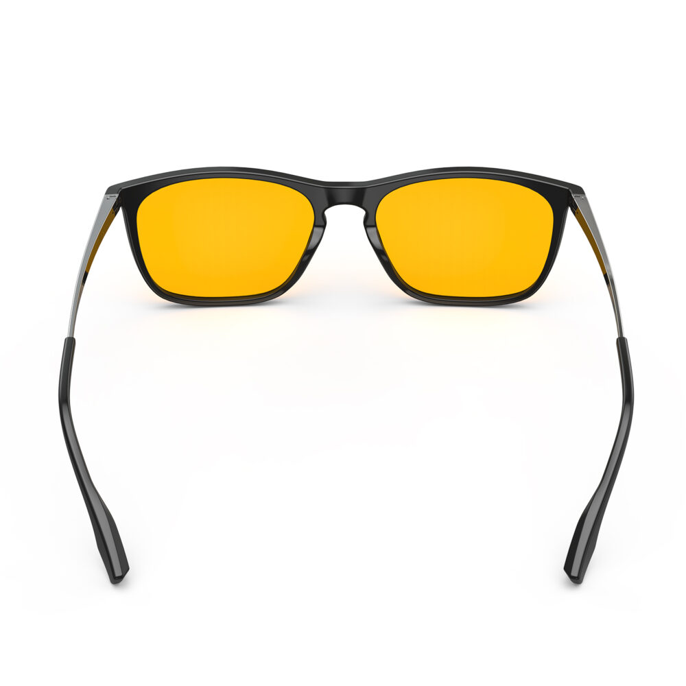 A Back view of Gloojo Amber Shield Amber Lens Rectangle Light Sensitivity Glasses – Black Gunmetal