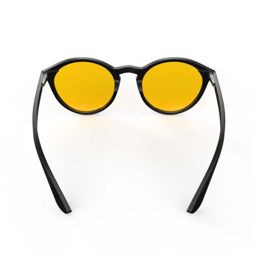A Back view of Gloojo Amber Shield Amber Lens Round Light Sensitivity Glasses – Black
