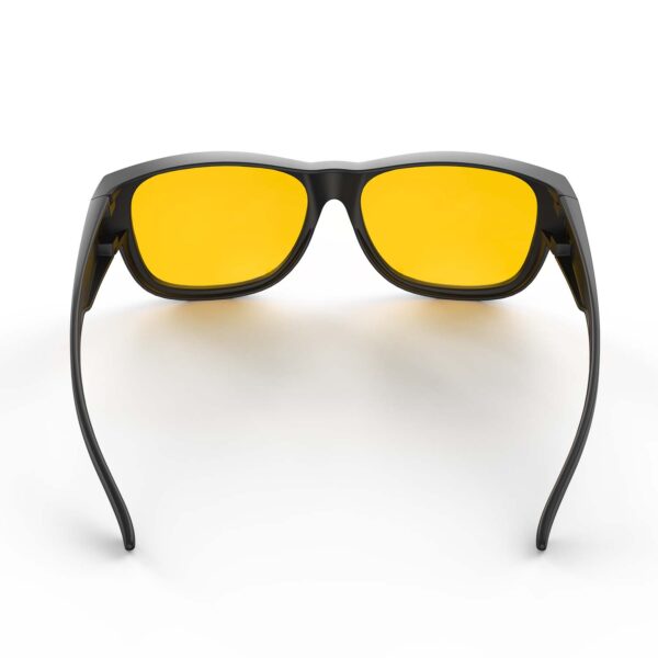 A Back view of Gloojo AmberShield Amber Lens Square Fitover Light Sensitivity Glasses – Black