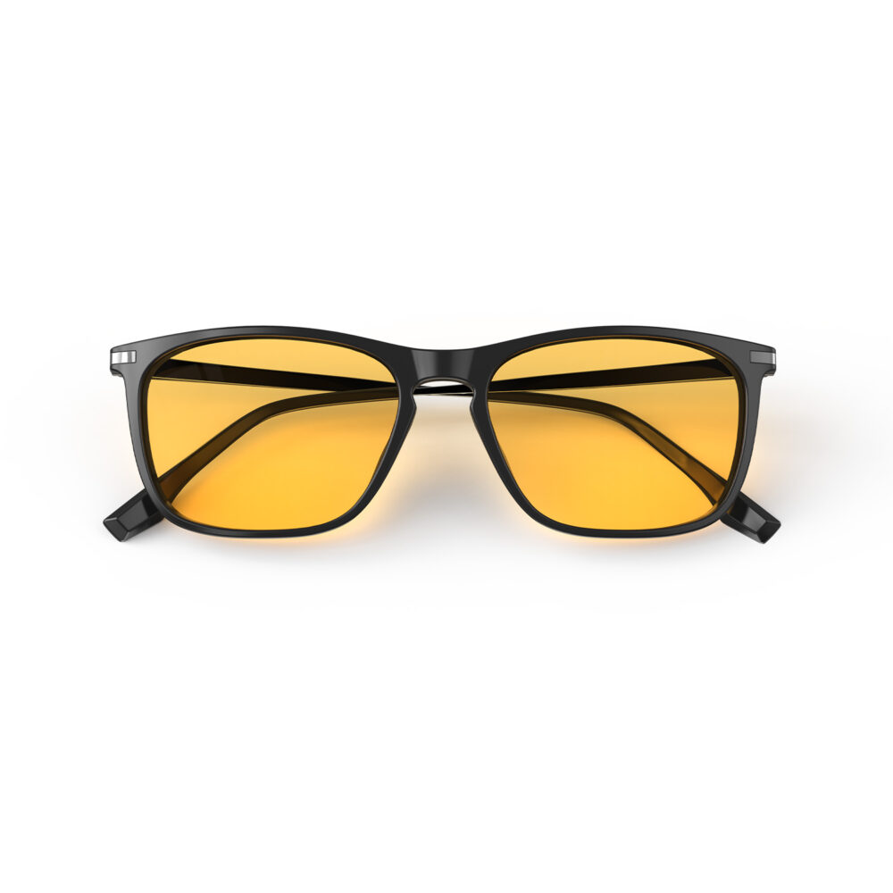 A Folded front view of Gloojo Amber Shield Amber Lens Rectangle Light Sensitivity Glasses – Black Gunmetal-1