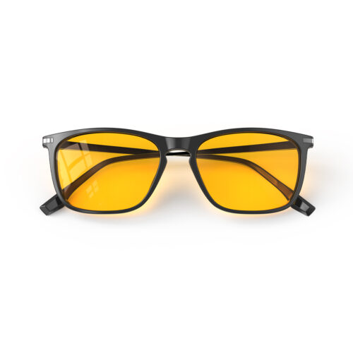 A Folded front view of Gloojo Amber Shield Amber Lens Rectangle Light Sensitivity Glasses – Black Gunmetal
