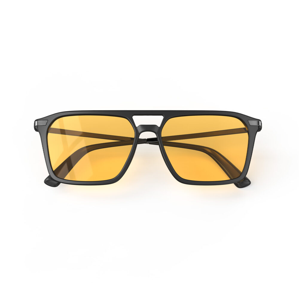 A Folded front view of Gloojo Amber Shield Amber Lens Square Aviator Light Sensitivity Glasses – Black Gunmetal-1