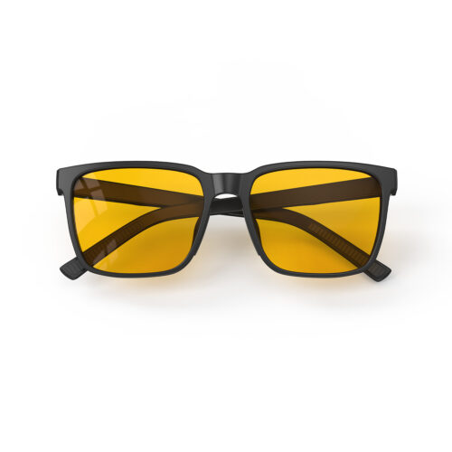 A Folded front view of Gloojo Amber Shield Classic Square Light Sensitivity Glasses - Black A Folded front view of Gloojo Amber Shield Classic Square Light Sensitivity Glasses - Black
