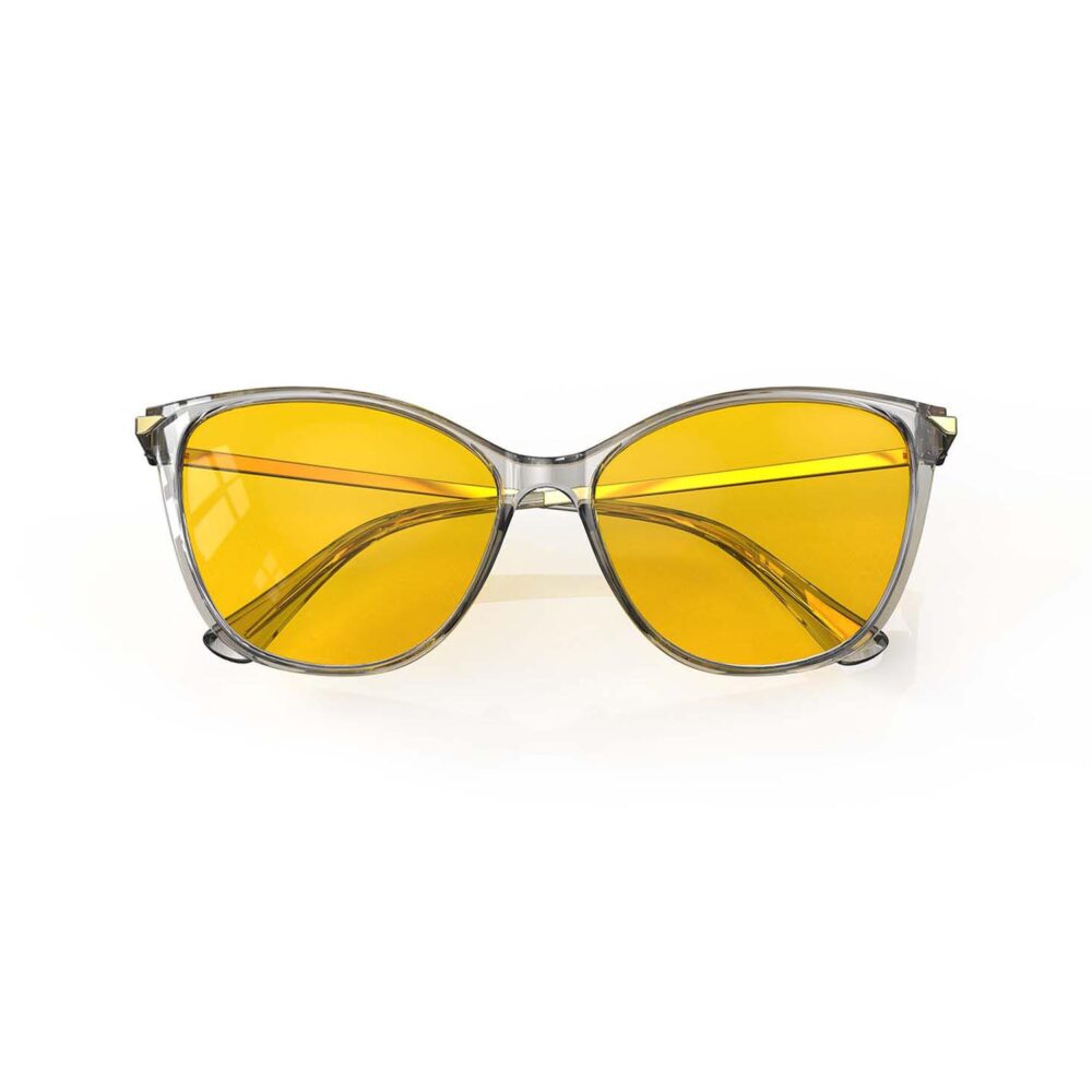 A Folded front view of Gloojo AmberShield Amber Lens Cat Eye Light Sensitivity Glasses – Grey Gold A Folded front view of Gloojo Amber Shield Amber Lens Cat Eye Light Sensitivity Glasses – Grey Gold