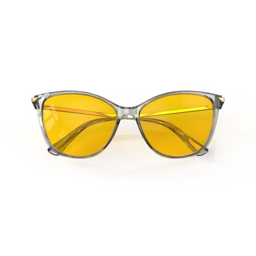A Folded front view of Gloojo AmberShield Amber Lens Cat Eye Light Sensitivity Glasses – Grey Gold A Folded front view of Gloojo Amber Shield Amber Lens Cat Eye Light Sensitivity Glasses – Grey Gold