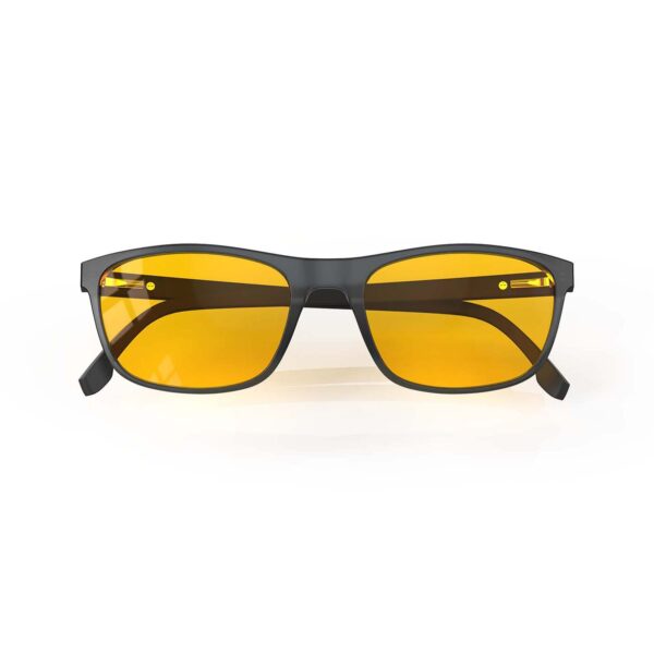 A Folded front view of Gloojo AmberShield Amber Lens Rectangle Light Sensitivity Glasses – Black