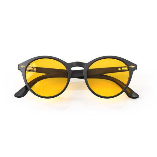 A Folded front view of Gloojo Amber Shield Amber Lens Round Light Sensitivity Glasses – Black