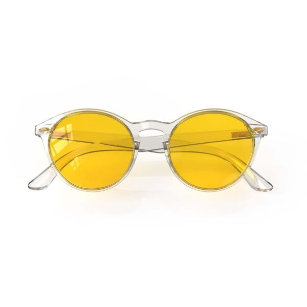 A Folded front view of Gloojo AmberShield Amber Lens Round Light Sensitivity Glasses – Clear