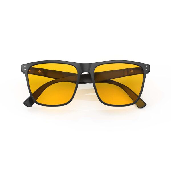 A Folded front view of Gloojo AmberShield Amber Lens Square Light Sensitivity Glasses – Black