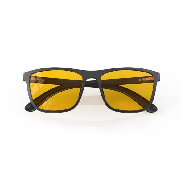 A Folded front view of Gloojo AmberShield Amber Lens wayfarer Light Sensitivity Glasses – Black