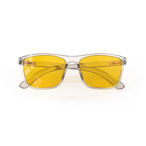 A Folded front view of Gloojo AmberShield Amber Lens wayfarer Light Sensitivity Glasses – Clear A Folded front view of Gloojo Amber Shield Amber Lens wayfarer Light Sensitivity Glasses – Clear