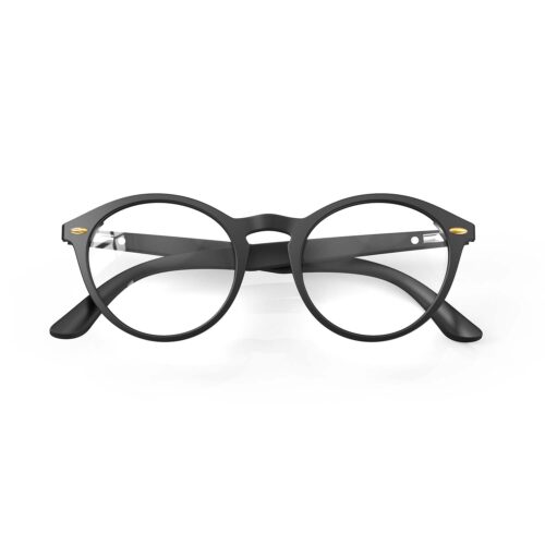 A Folded front view of Gloojo ClearPro Transparent Lens Round Computer and Gaming Glasses – Black A Folded front view of Gloojo Clear Pro Transparent Lens Round Computer and Gaming Glasses – Black