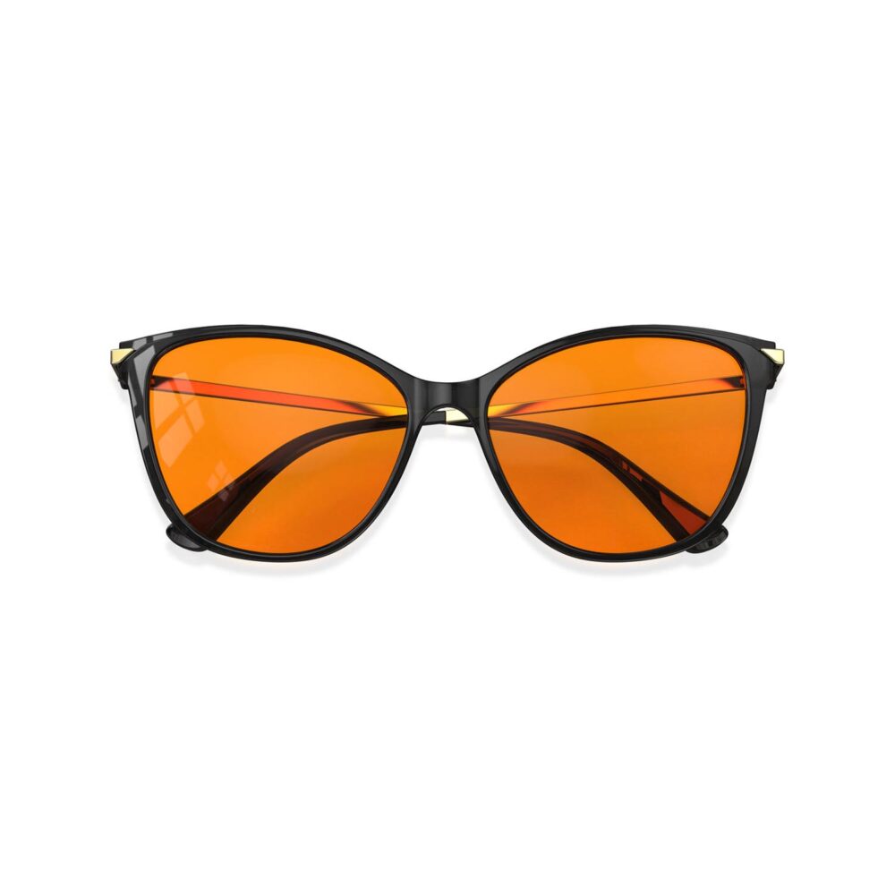 A Folded front view of Gloojo Night Ease Orange Lens Cat Eye Sleep Glasses-black gold
