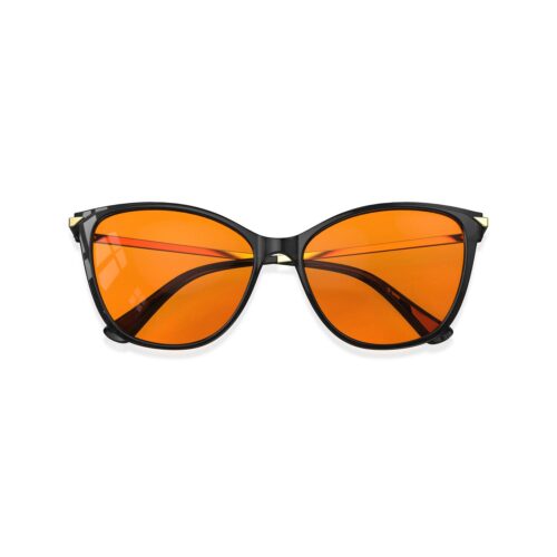 A Folded front view of Gloojo Night Ease Orange Lens Cat Eye Sleep Glasses-black gold