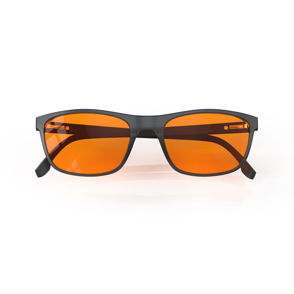 A Folded front view of Gloojo Night Ease Orange Lens Rectangle Sleep Glasses – Black