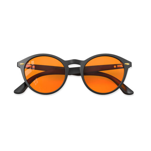 A Folded front view of Gloojo Night Ease Orange Lens Round Sleep Glasses – Black