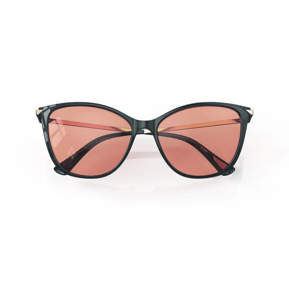 A Folded front view of Gloojo Rose Relief Rose Lens Cat Eye Migraine Glasses – Black Gold A Folded front view of Gloojo Rose Relief Rose Lens Cat Eye Migraine Glasses – Black Gold