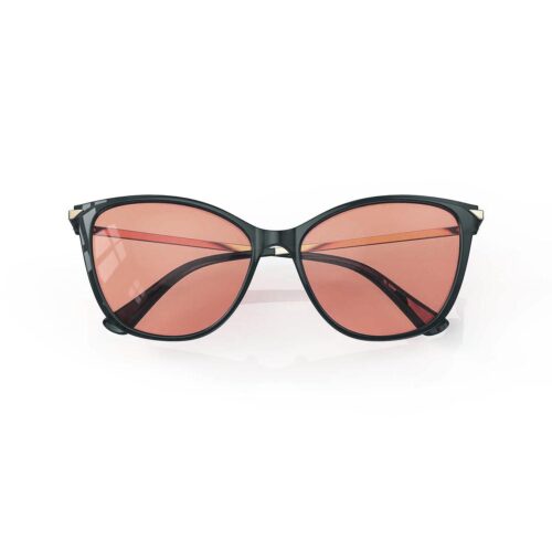 A Folded front view of Gloojo Rose Relief Rose Lens Cat Eye Migraine Glasses – Black Gold A Folded front view of Gloojo Rose Relief Rose Lens Cat Eye Migraine Glasses – Black Gold