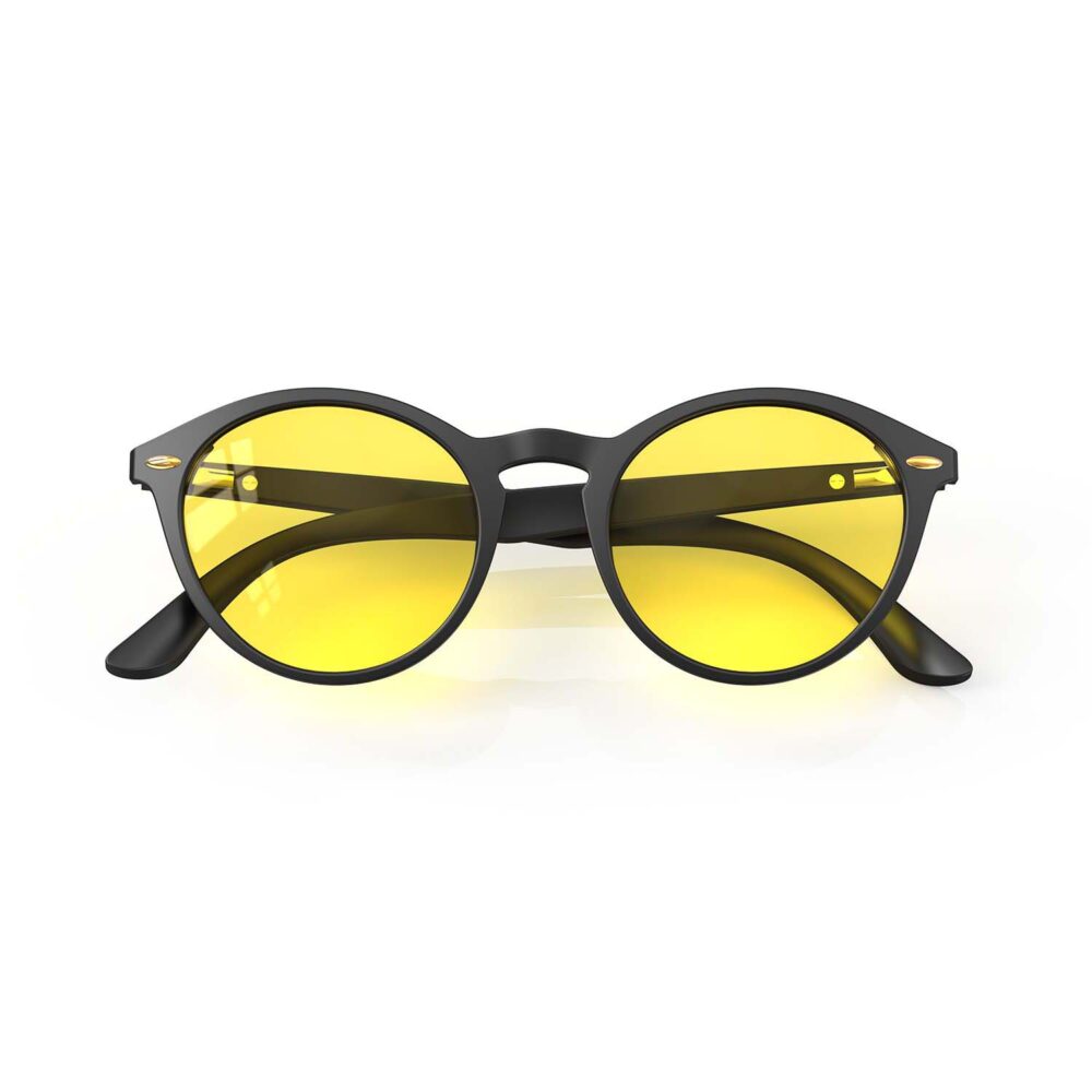 A Folded front view of Gloojo Sun Boost Yellow Lens Round Screen Glasses – Black