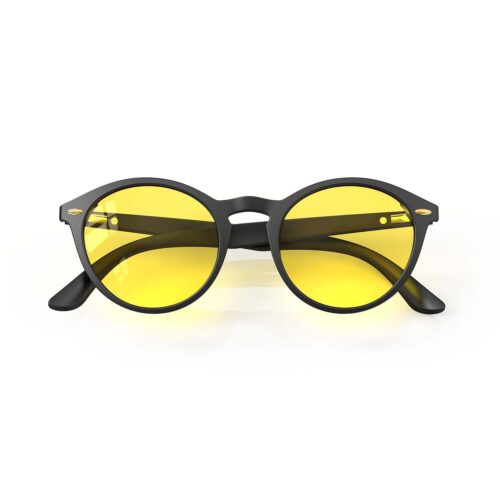 A Folded front view of Gloojo Sun Boost Yellow Lens Round Screen Glasses – Black