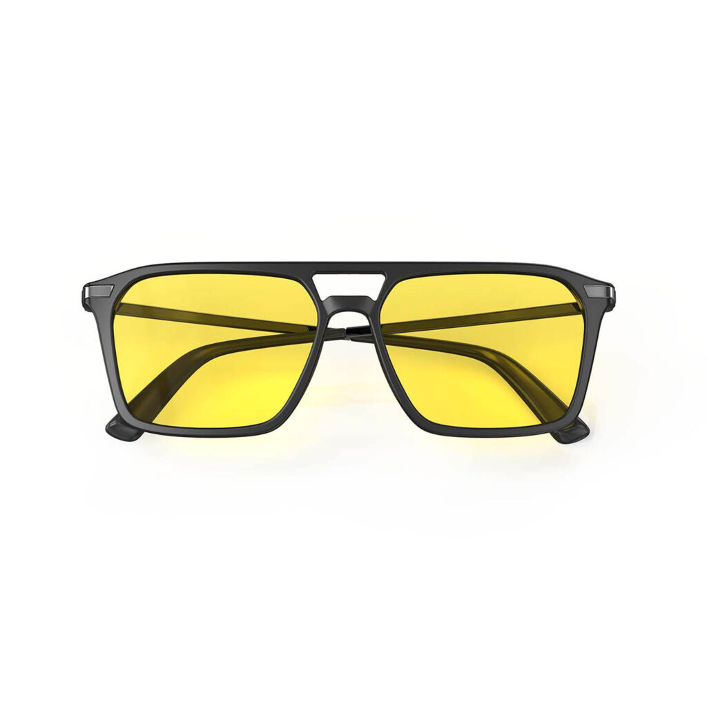 A Folded front view of Gloojo Sun Boost Yellow Lens Square Aviator Screen Glasses – Black Gunmetal