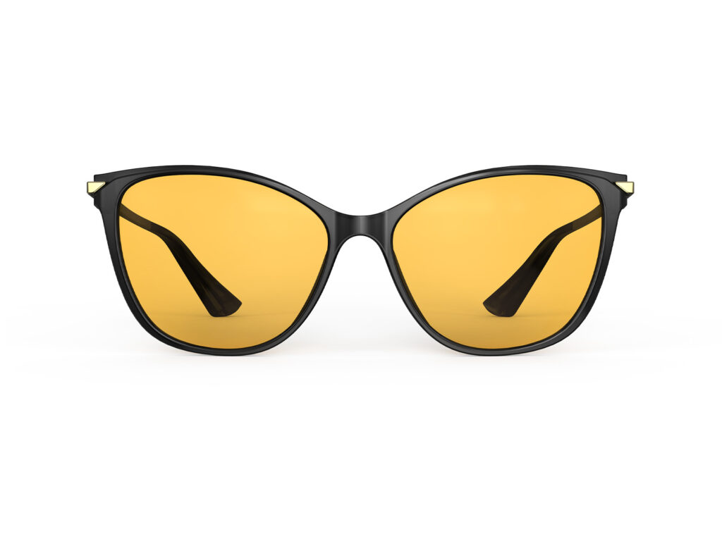 A Front view of Gloojo Amber Shield Amber Lens Cat Eye Light Sensitivity Glasses – Black Gold-1