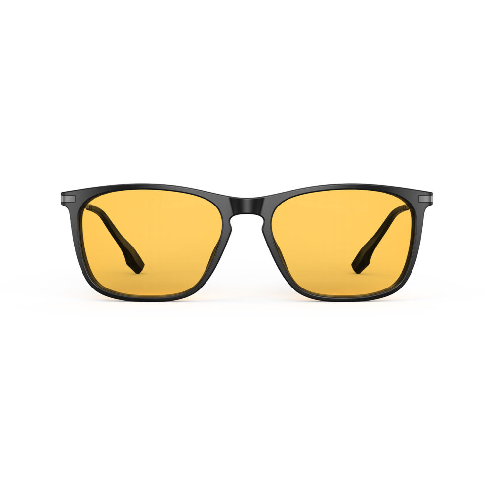A Front view of Gloojo Amber Shield Amber Lens Rectangle Light Sensitivity Glasses – Black Gunmetal-1
