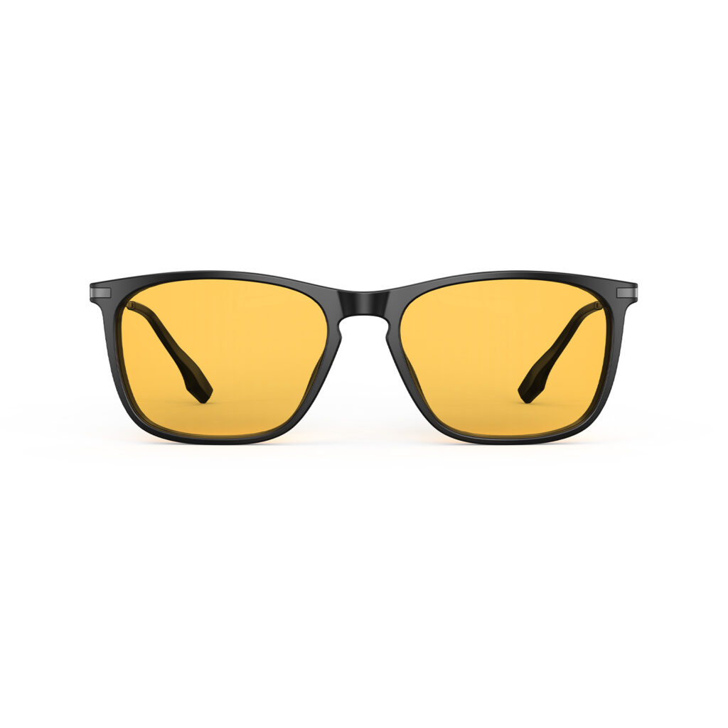 A Front view of Gloojo Amber Shield Amber Lens Rectangle Light Sensitivity Glasses – Black Gunmetal-1