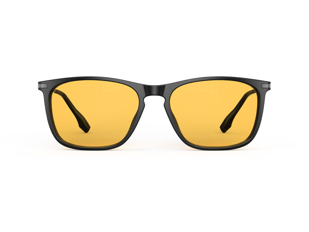A Front view of Gloojo Amber Shield Amber Lens Rectangle Light Sensitivity Glasses – Black Gunmetal-1