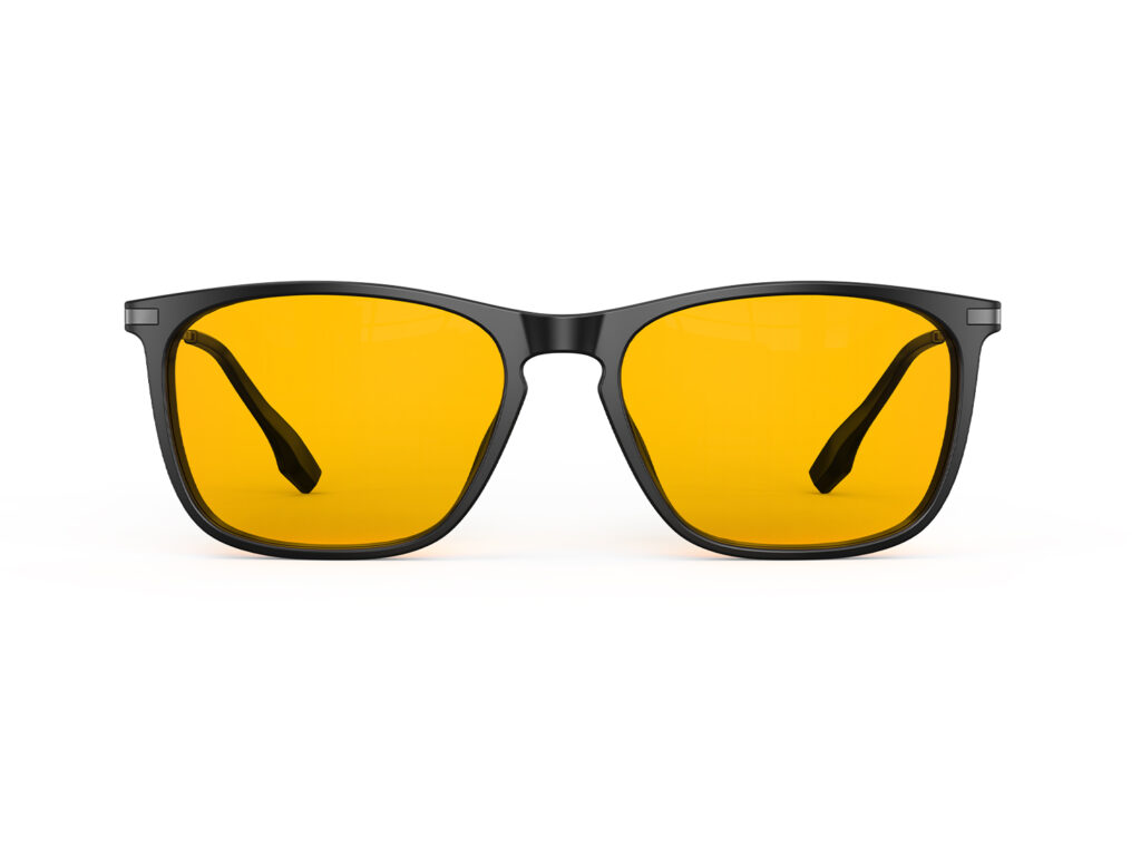 A Front view of Gloojo Amber Shield Amber Lens Rectangle Light Sensitivity Glasses – Black Gunmetal