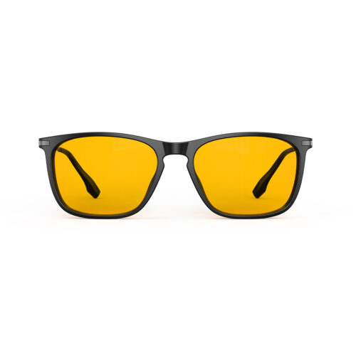 A Front view of Gloojo Amber Shield Amber Lens Rectangle Light Sensitivity Glasses – Black Gunmetal