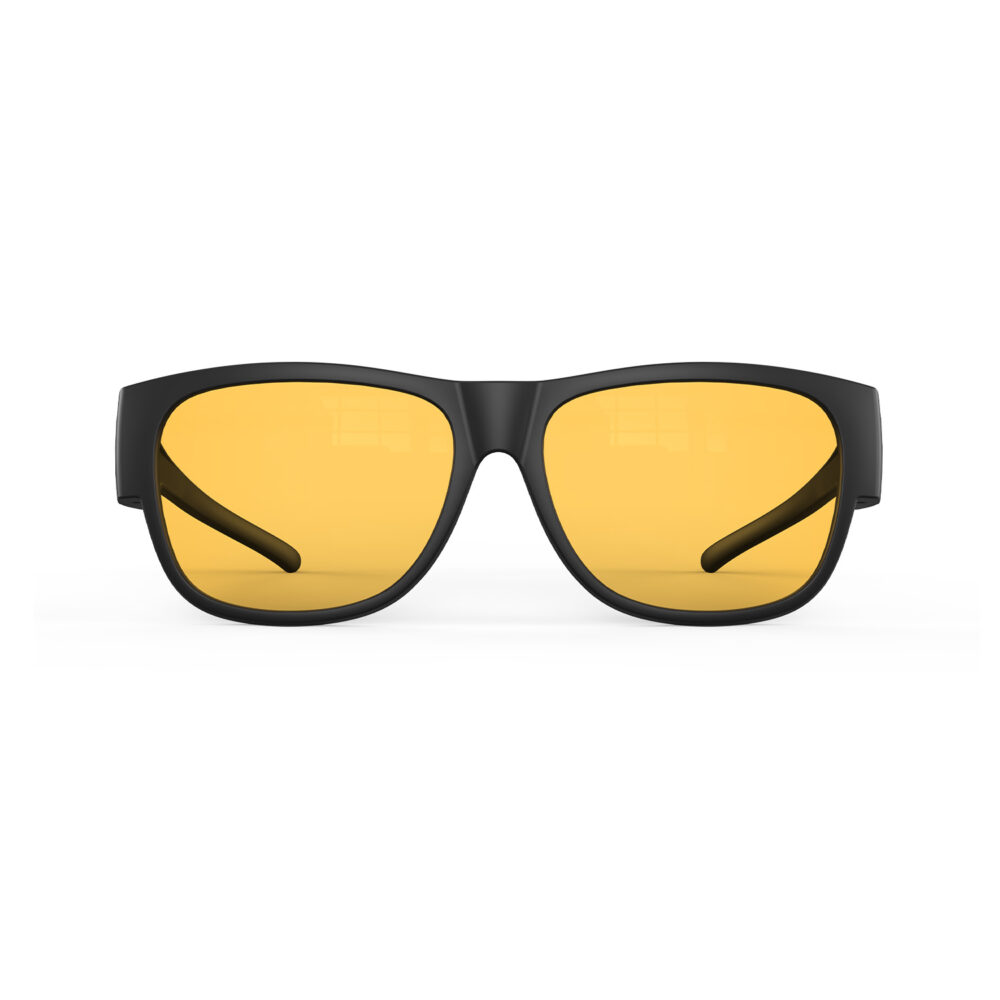 A Front view of Gloojo Amber Shield Amber Lens Square Fitover Light Sensitivity Glasses – Black-1
