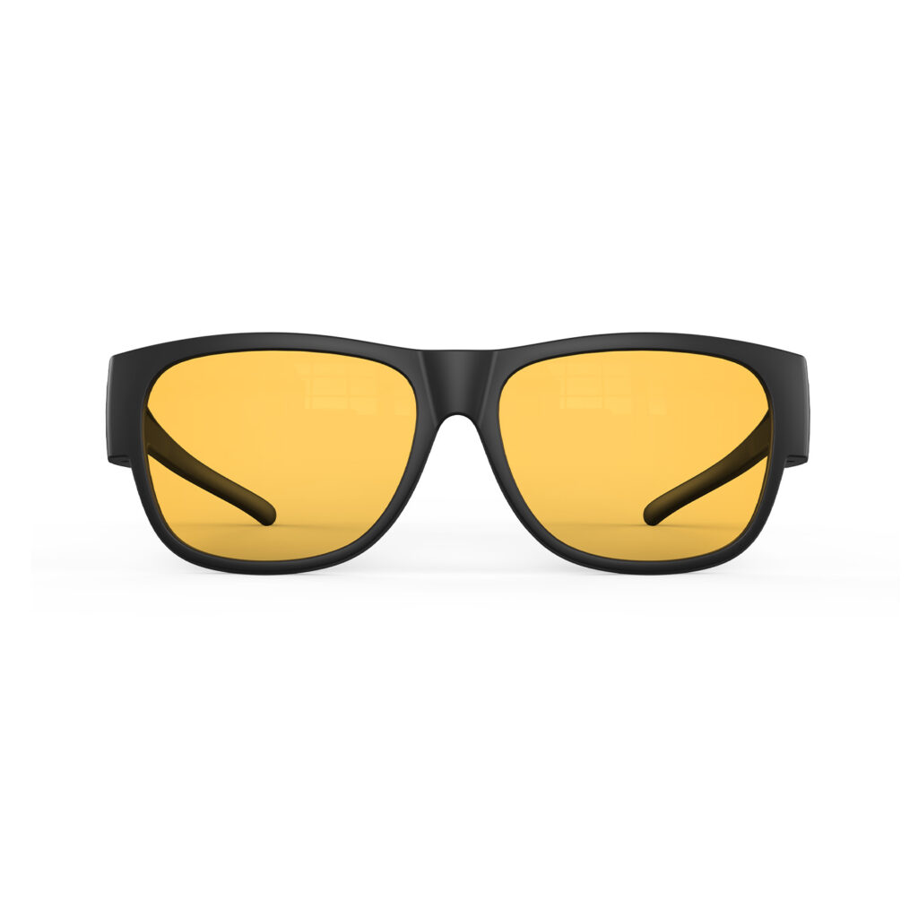 A Front view of Gloojo Amber Shield Amber Lens Square Fitover Light Sensitivity Glasses – Black-1