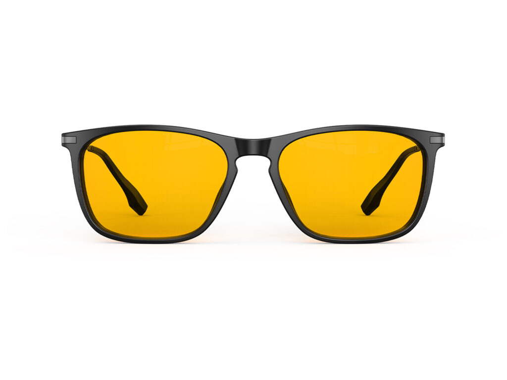 A Front view of Gloojo Amber Shield Amber Tinted Lens Rectangle Light Sensitivity Glasses – Black Gunmetal