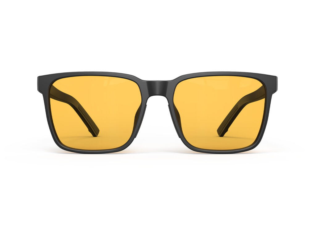 A Front view of Gloojo Amber Shield Classic Square Light Sensitivity Glasses - Black-1