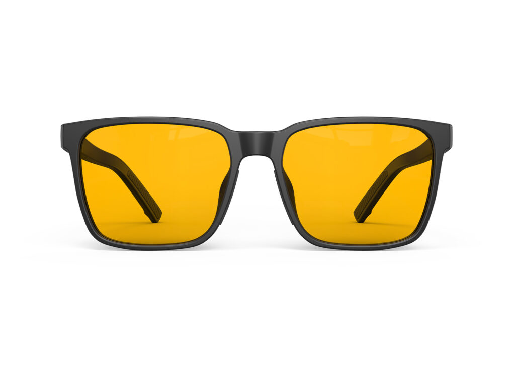 A Front view of Gloojo Amber Shield Classic Square Light Sensitivity Glasses - Black