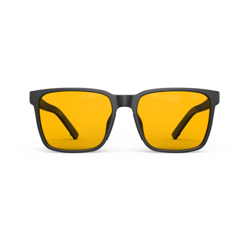 A Front view of Gloojo Amber Shield Classic Square Light Sensitivity Glasses - Black A Front view of Gloojo Amber Shield Classic Square Light Sensitivity Glasses - Black