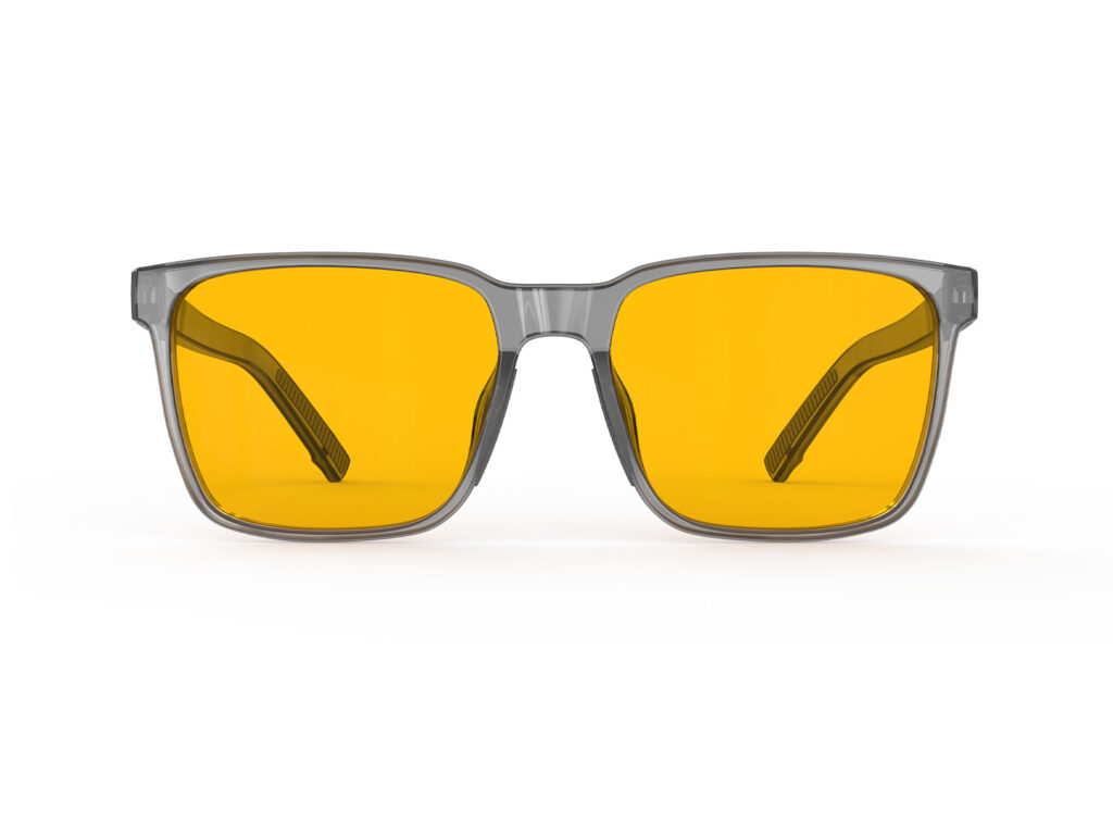 A Front view of Gloojo Amber Shield Classic Square Light Sensitivity Glasses - Grey